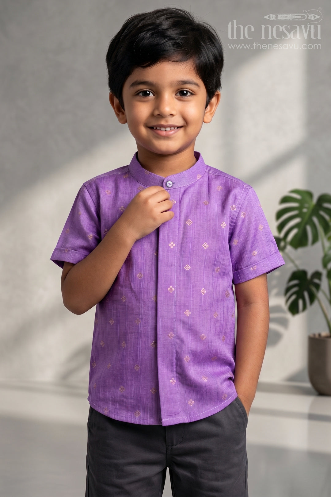The Nesavu Boys Silk Shirt Boys Festive Silk Shirt for Temple Visits and Special Occasions Nesavu 16 (1Y) / Purple / Raw Silk BS503A-16 Nesavu Boys Festive Raw Silk Shirt With Jacquard Butta Design For Cultural Events