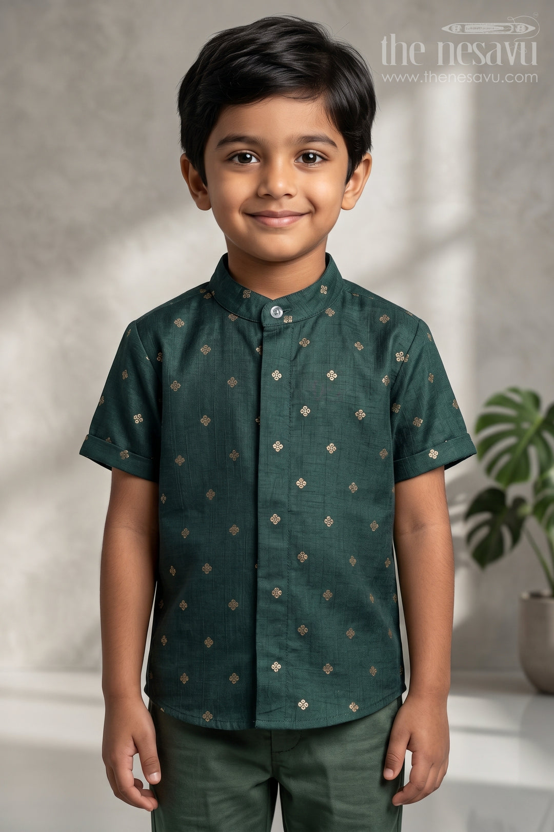 The Nesavu Boys Silk Shirt Boys Festive Silk Shirt for Wedding Receptions and Family Functions Nesavu 16 (1Y) / Green / Raw Silk BS503B-16 Nesavu Boys Raw Silk Shirt With Jacquard Butta Design For Weddings And Festive Gatherings
