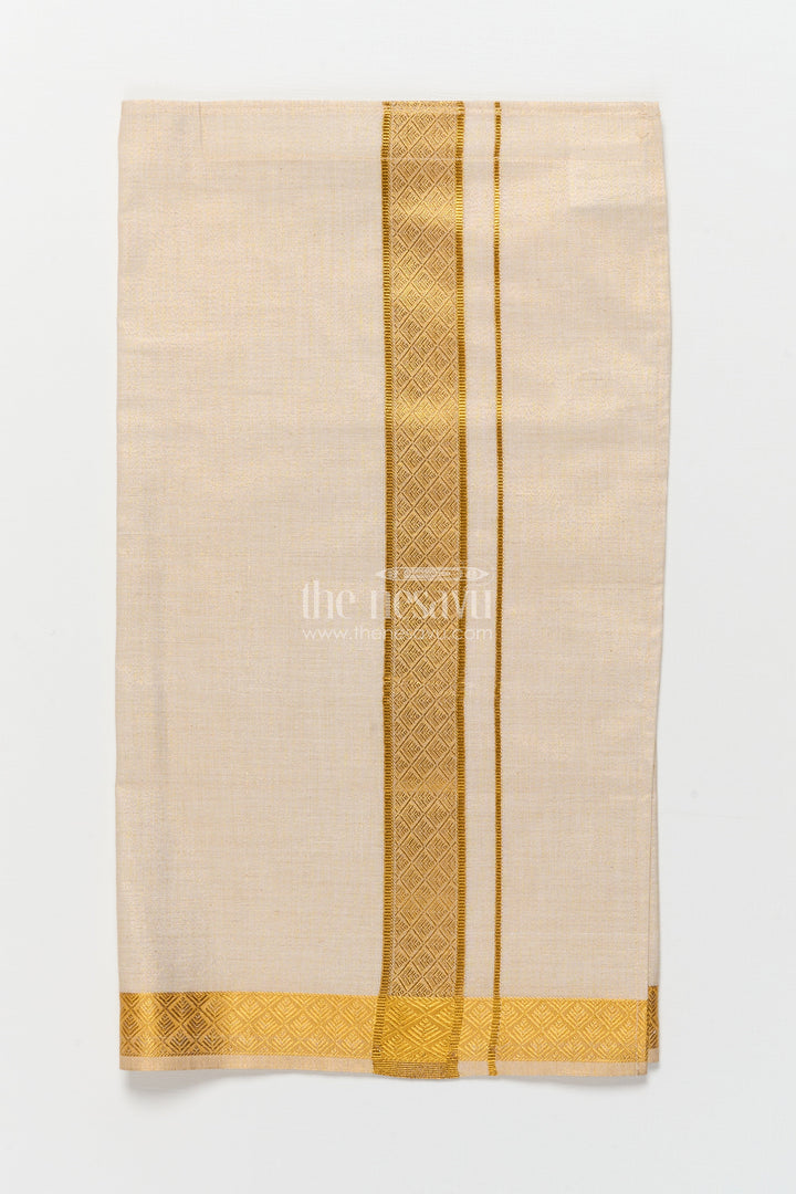 The Nesavu Boys Vesti Boys Festive Vesti for Traditional Celebrations and Poojas Nesavu 16 (1Y) / Cream D035B-16 Nesavu boys cream tissue vesti gold border traditional family events festive functions