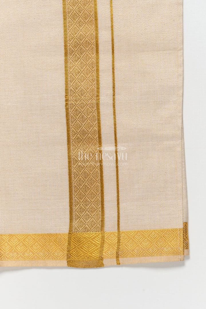 The Nesavu Boys Vesti Boys Festive Vesti for Traditional Celebrations and Poojas Nesavu Nesavu boys cream tissue vesti gold border traditional family events festive functions