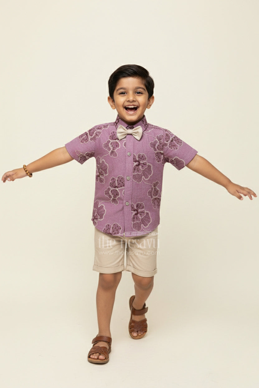 The Nesavu Boys Casual Set Boys Festive Wear Set with Floral Embroidery and Soft Cotton Shorts Nesavu 14 (6M) / Purple BCS449B-14 Nesavu boys floral embroidered cotton set bow tie festive celebrations