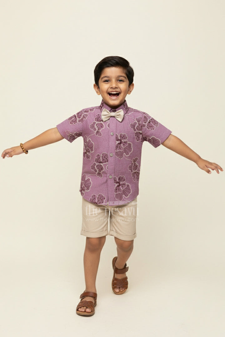 The Nesavu Boys Casual Set Boys Festive Wear Set with Floral Embroidery and Soft Cotton Shorts Nesavu 14 (6M) / Purple BCS449B-14 Nesavu boys floral embroidered cotton set bow tie festive celebrations