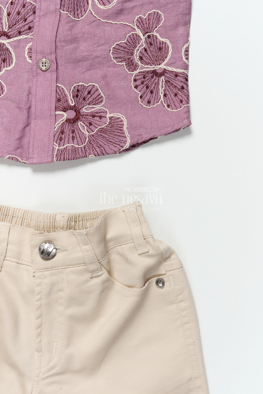 The Nesavu Boys Casual Set Boys Festive Wear Set with Floral Embroidery and Soft Cotton Shorts Nesavu Nesavu boys floral embroidered cotton set bow tie festive celebrations