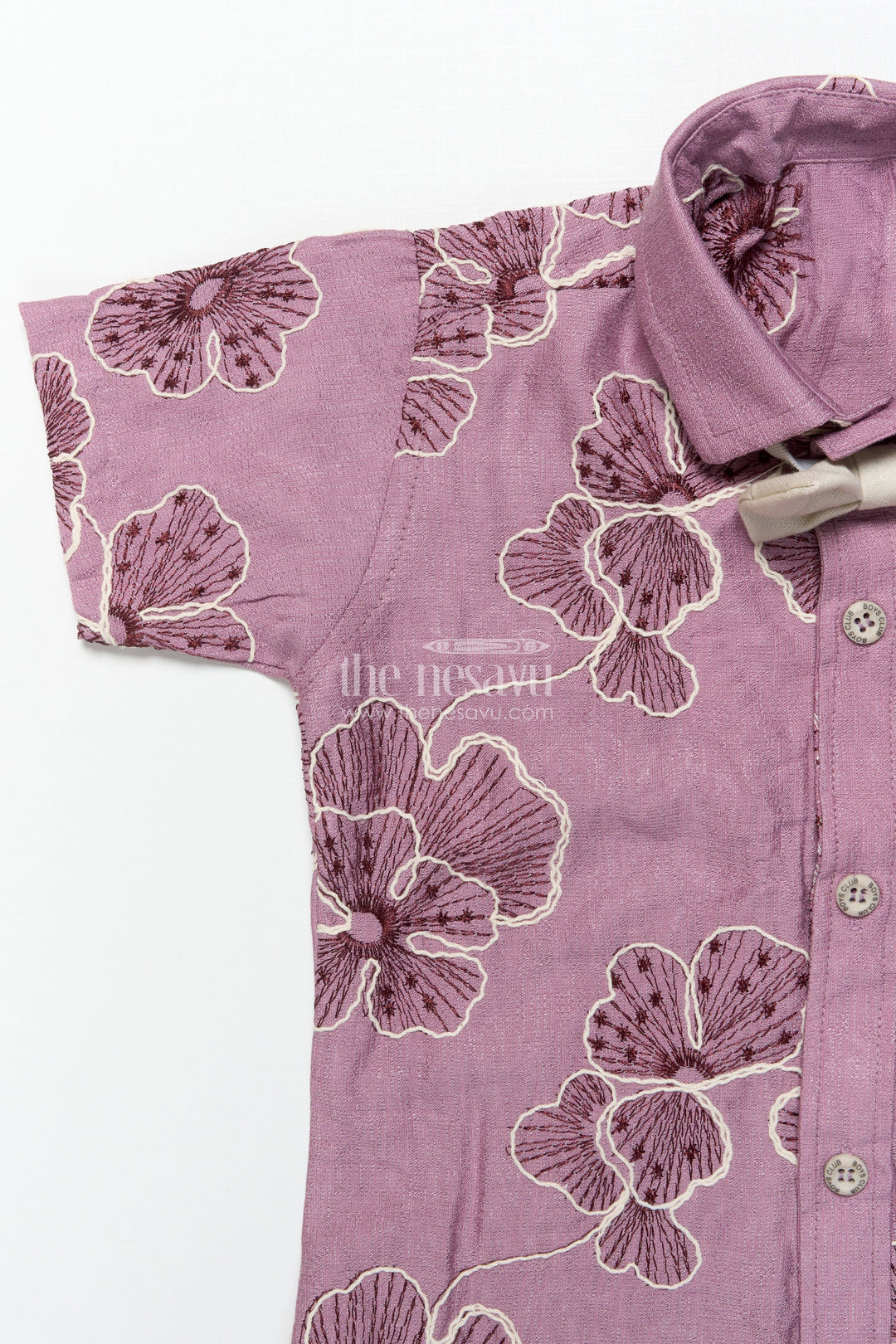 The Nesavu Boys Casual Set Boys Festive Wear Set with Floral Embroidery and Soft Cotton Shorts Nesavu Nesavu boys floral embroidered cotton set bow tie festive celebrations