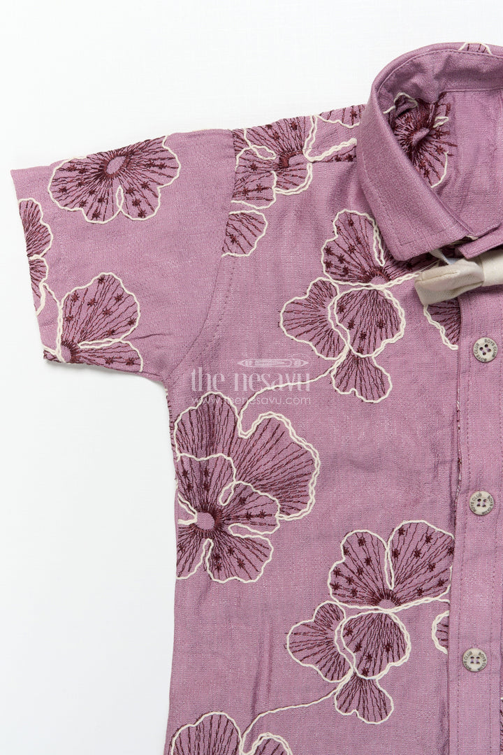 The Nesavu Boys Casual Set Boys Festive Wear Set with Floral Embroidery and Soft Cotton Shorts Nesavu Nesavu boys floral embroidered cotton set bow tie festive celebrations