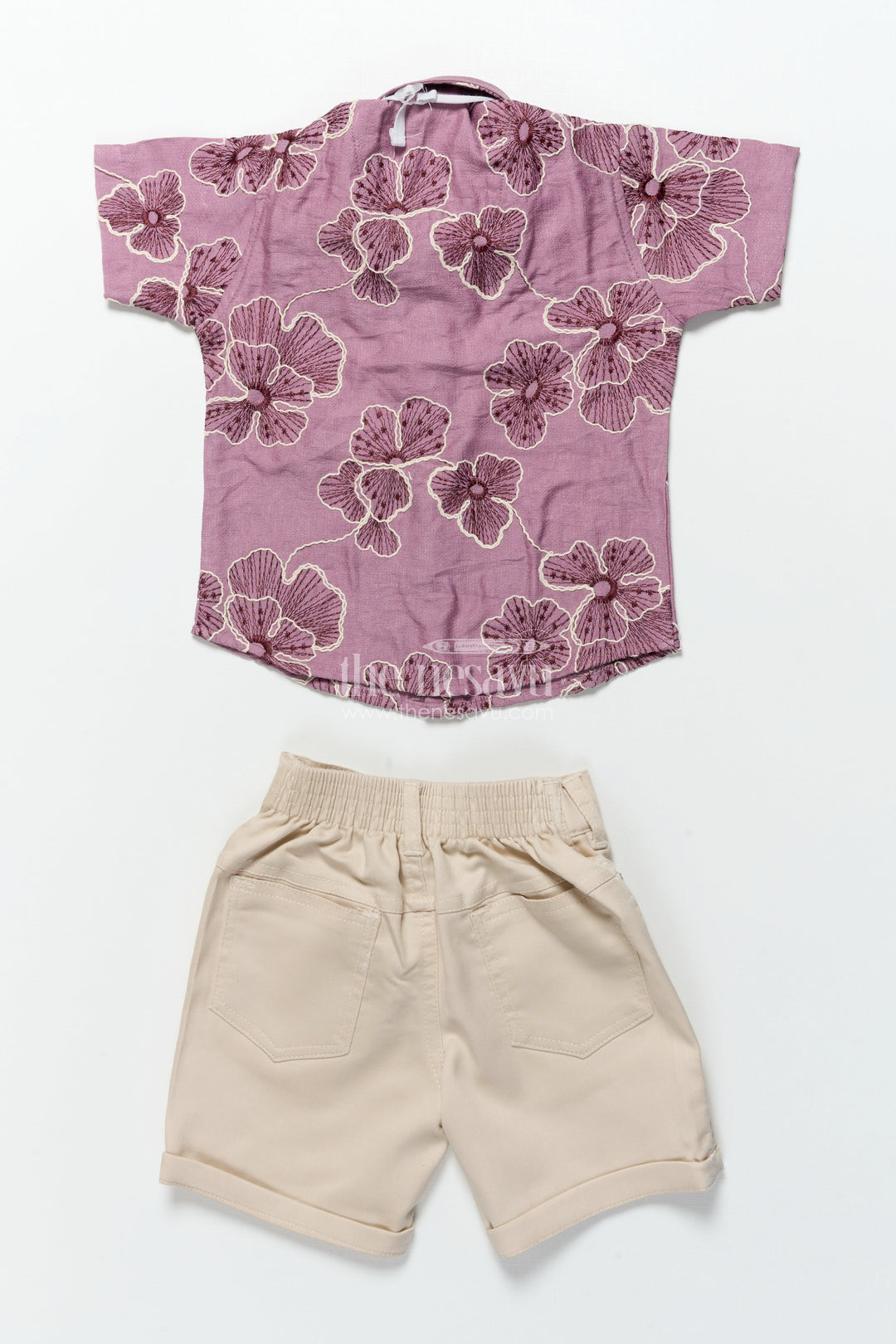 The Nesavu Boys Casual Set Boys Festive Wear Set with Floral Embroidery and Soft Cotton Shorts Nesavu Nesavu boys floral embroidered cotton set bow tie festive celebrations