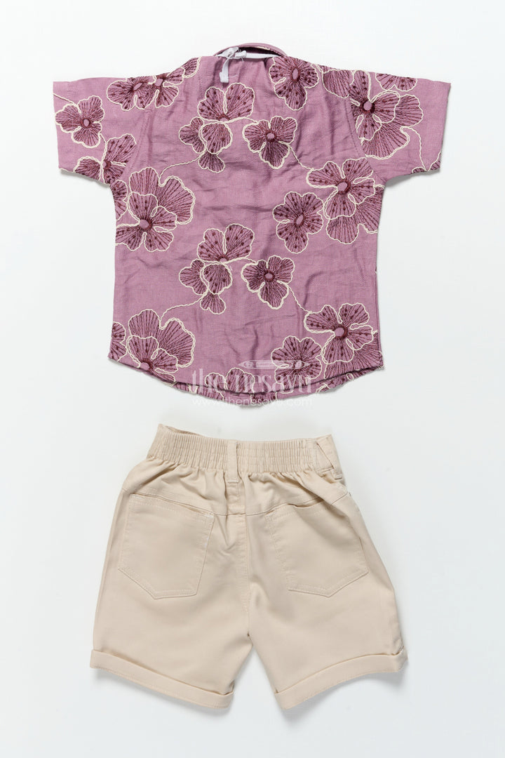 The Nesavu Boys Casual Set Boys Festive Wear Set with Floral Embroidery and Soft Cotton Shorts Nesavu Nesavu boys floral embroidered cotton set bow tie festive celebrations