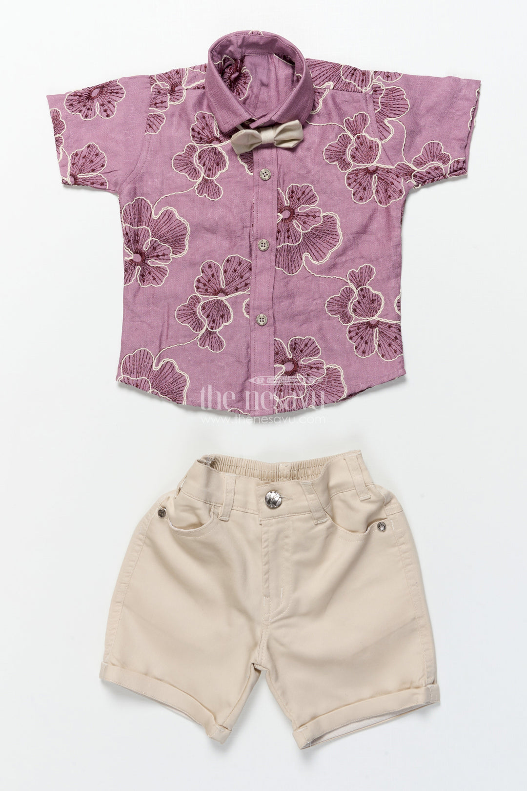 The Nesavu Boys Casual Set Boys Festive Wear Set with Floral Embroidery and Soft Cotton Shorts Nesavu Nesavu boys floral embroidered cotton set bow tie festive celebrations