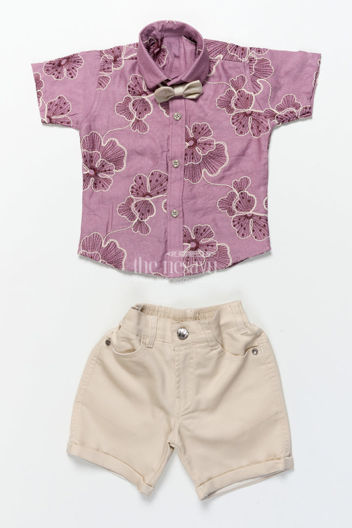 The Nesavu Boys Casual Set Boys Festive Wear Set with Floral Embroidery and Soft Cotton Shorts Nesavu Nesavu boys floral embroidered cotton set bow tie festive celebrations