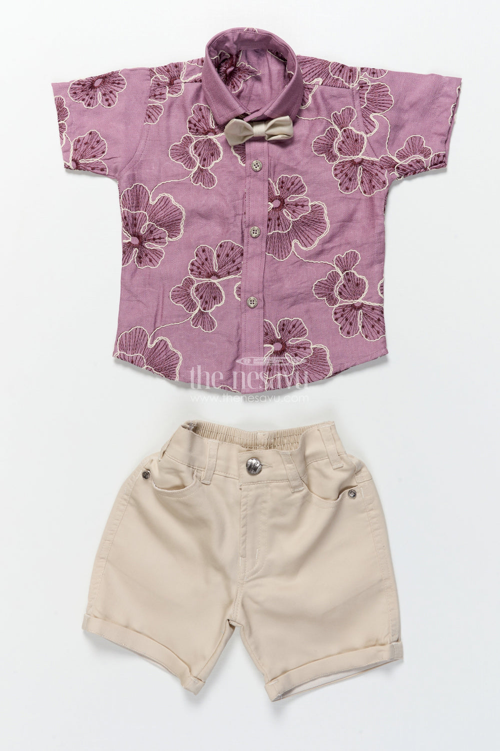 The Nesavu Boys Casual Set Boys Festive Wear Set with Floral Embroidery and Soft Cotton Shorts Nesavu Nesavu boys floral embroidered cotton set bow tie festive celebrations