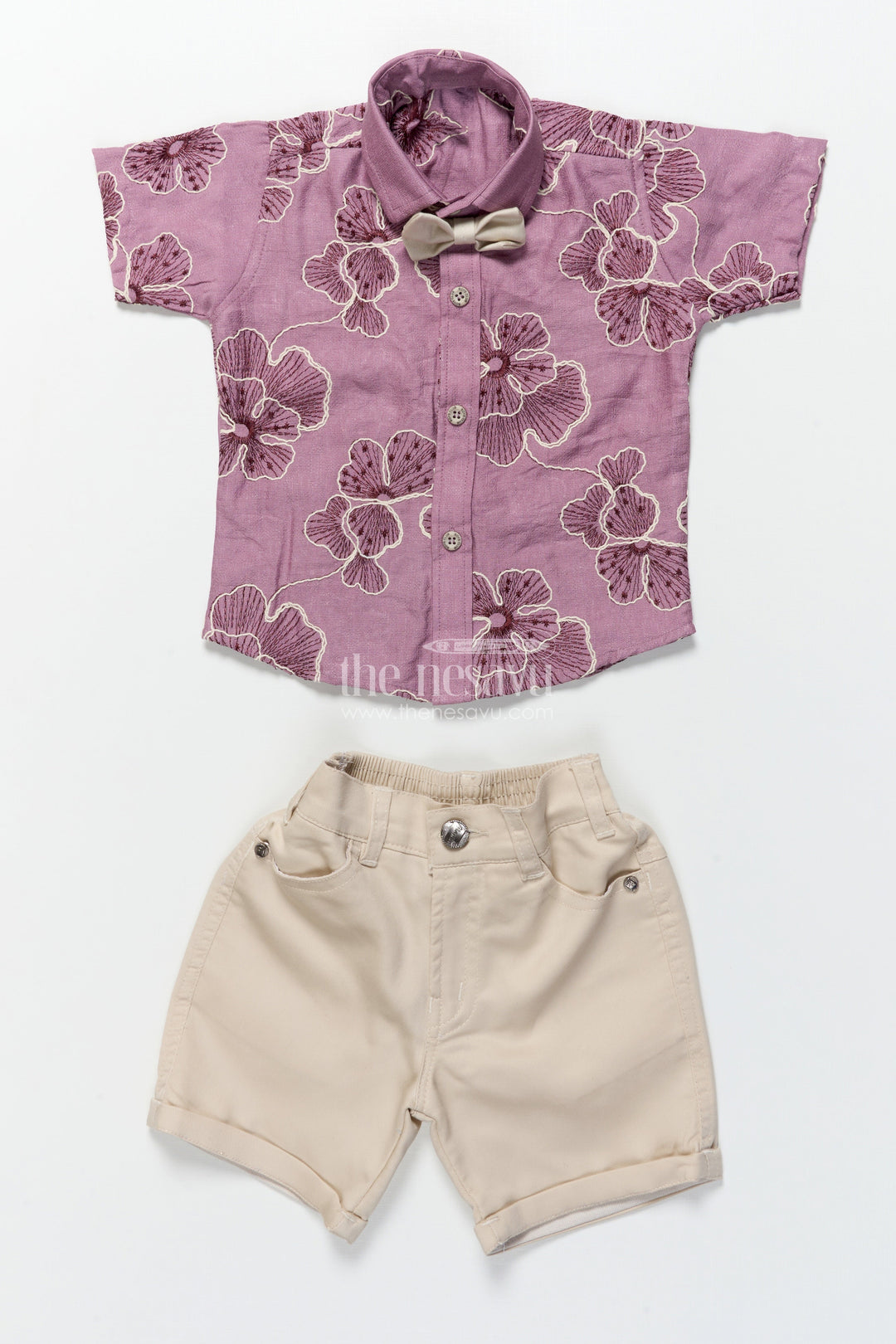 The Nesavu Boys Casual Set Boys Festive Wear Set with Floral Embroidery and Soft Cotton Shorts Nesavu Nesavu boys floral embroidered cotton set bow tie festive celebrations