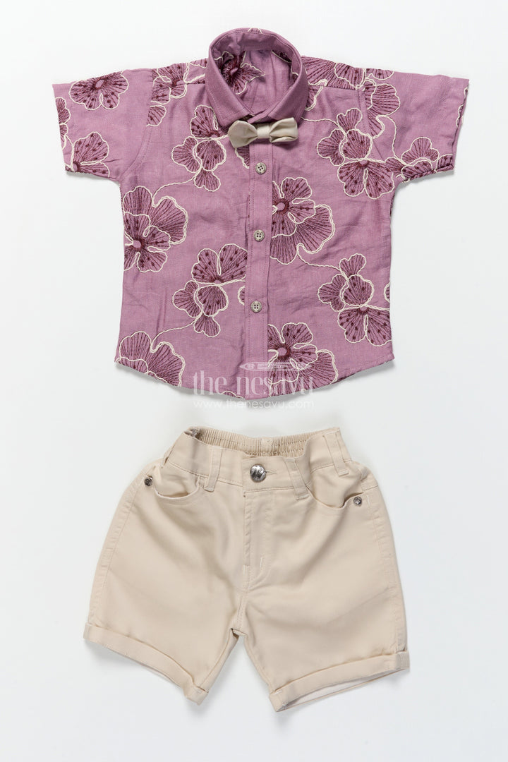 The Nesavu Boys Casual Set Boys Festive Wear Set with Floral Embroidery and Soft Cotton Shorts Nesavu Nesavu boys floral embroidered cotton set bow tie festive celebrations