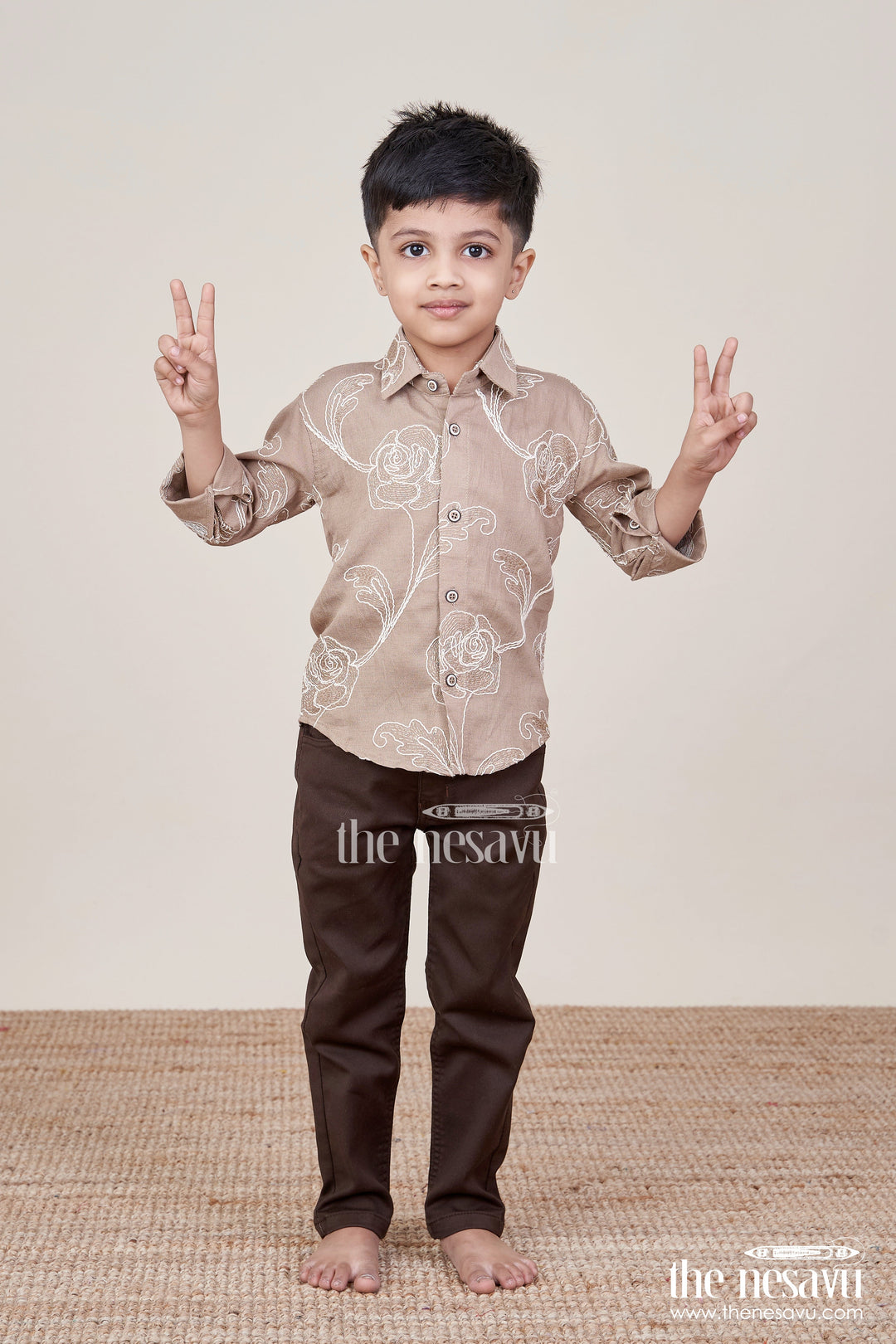 The Nesavu Boys Casual Set Boys Floral Embroidered Cotton Shirt with Trousers Stylish Everyday Wear Nesavu 16 (1Y) / Brown BES899A-16 Nesavu boys embroidered shirt trousers  casual ethnic-inspired daily wear