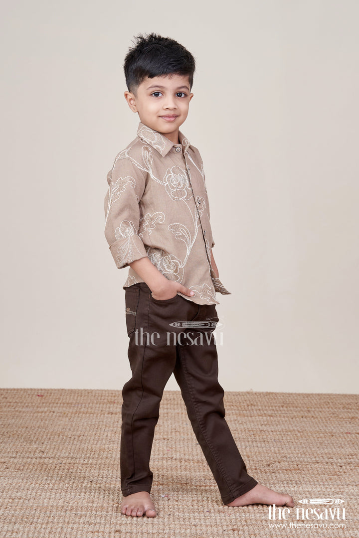 The Nesavu Boys Casual Set Boys Floral Embroidered Cotton Shirt with Trousers Stylish Everyday Wear Nesavu Nesavu boys embroidered shirt trousers  casual ethnic-inspired daily wear