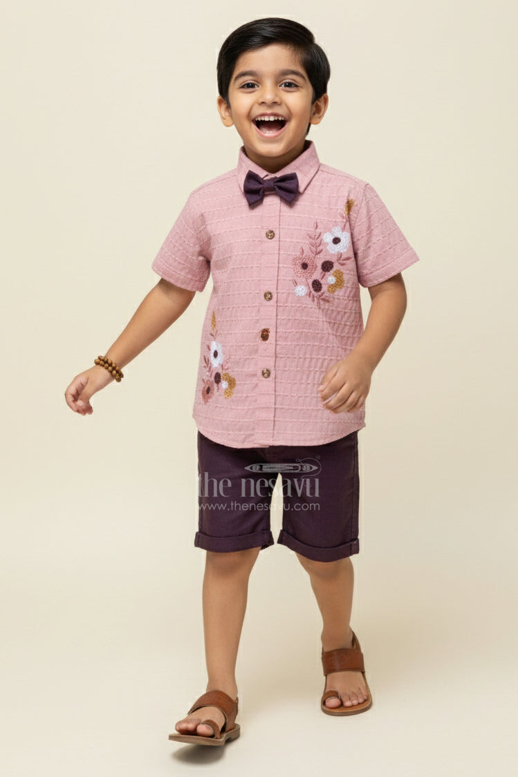 The Nesavu Boys Casual Set Boys Floral Embroidered Outfit for Casual Functions and Family Photos Nesavu 14 (6M) / Peach BCS445B-14 Nesavu boys floral embroidered shirt shorts set bow tie festive events photo days