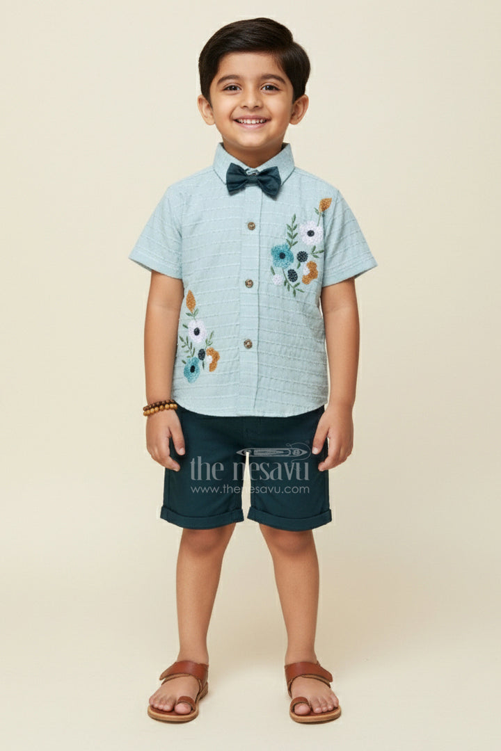 The Nesavu Boys Casual Set Boys Floral Embroidered Shirt and Shorts Set for Casual Celebrations Nesavu 14 (6M) / Turquoise BCS445A-14 Nesavu boys floral embroidered shirt shorts set casual celebrations festive events