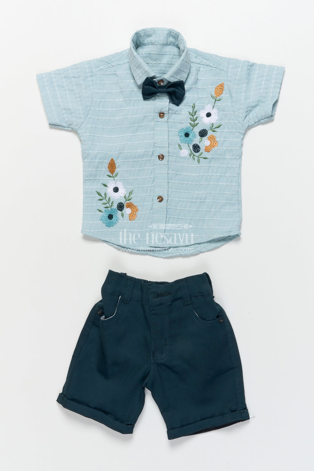 The Nesavu Boys Casual Set Boys Floral Embroidered Shirt and Shorts Set for Casual Celebrations Nesavu Nesavu boys floral embroidered shirt shorts set casual celebrations festive events