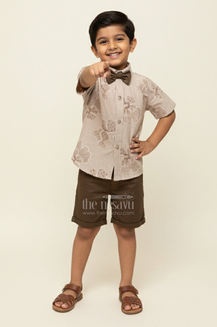 The Nesavu Boys Casual Set Boys Floral Embroidered Shirt and Shorts Set for Celebrations and Events Nesavu 14 (6M) / Cream BCS449A-14 Nesavu boys cotton floral embroidery shirt shorts festive party wear