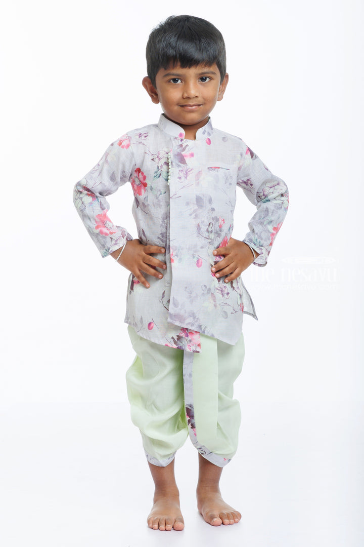 The Nesavu Boys Dothi Set Boys Floral Jacket with Traditional Silk Dhoti Kurta Set Nesavu 12 (3M) / Gray / Linen BES530A-12 Boys Silk Dhoti Kurta Set | Floral Jacket for Wedding  Festive Wear | The Nesavu