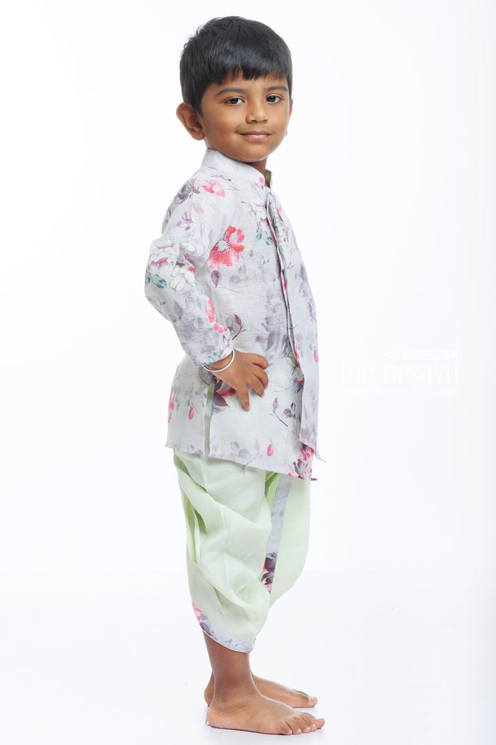 The Nesavu Boys Dothi Set Boys Floral Jacket with Traditional Silk Dhoti Kurta Set Nesavu Boys Silk Dhoti Kurta Set | Floral Jacket for Wedding  Festive Wear | The Nesavu