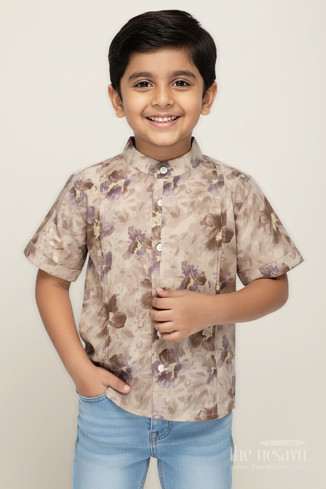 The Nesavu Boys Cotton Shirt Boys Floral Print Shirt for Festive Outings and Celebrations Nesavu 16 (1Y) / Beige BS262B-16 Nesavu boys modal silk shirt floral digital print festive celebrations ethnic wear