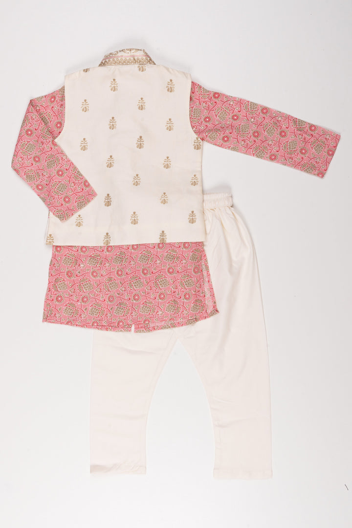 The Nesavu Boys Jacket Sets Boys' Floral Printed Pink Kurta with Half White Overcoat & Pant Set - Traditional Festive Ensemble Nesavu 20 (3Y) / Pink / Modal BES404A-20 Festive Floral Printed Pink Kurta Set for Boys: Traditional Half White Overcoat Pant Ensemble | The Nesavu