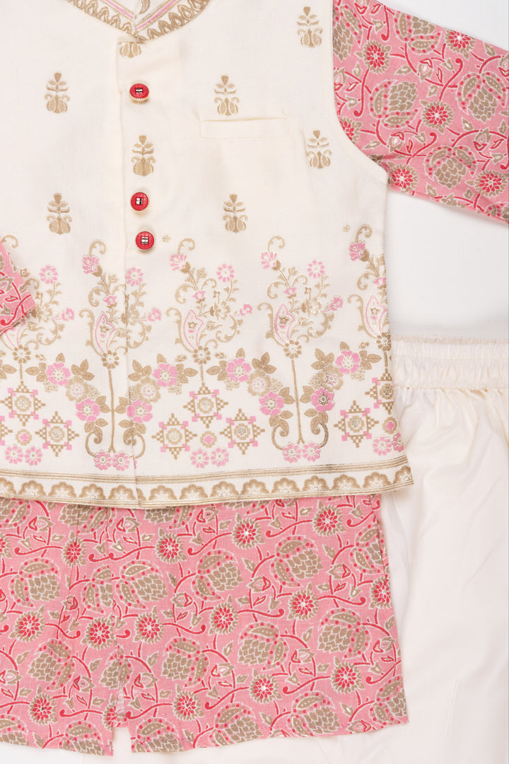 Boys' Floral Printed Pink Kurta with Half White Overcoat & Pant Set - Traditional Festive Ensemble