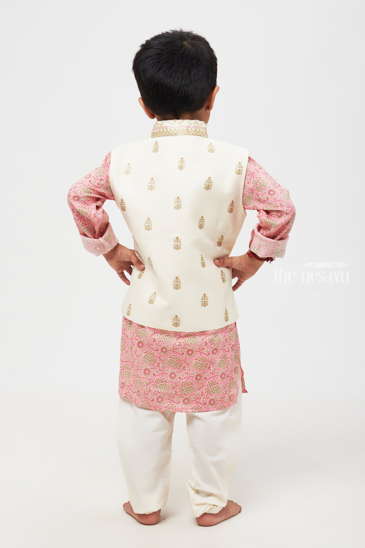 Boys' Floral Printed Pink Kurta with Half White Overcoat & Pant Set - Traditional Festive Ensemble