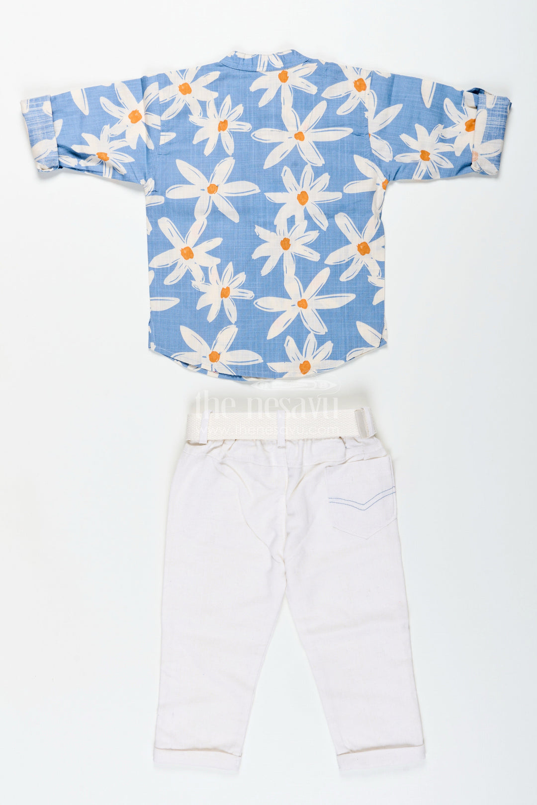 The Nesavu Boys Casual Set Boys Floral Printed Shirt and Pants Cotton Set for Vacations and Outings Nesavu Nesavu boys floral printed cotton set belt pants  ideal travel casual outings