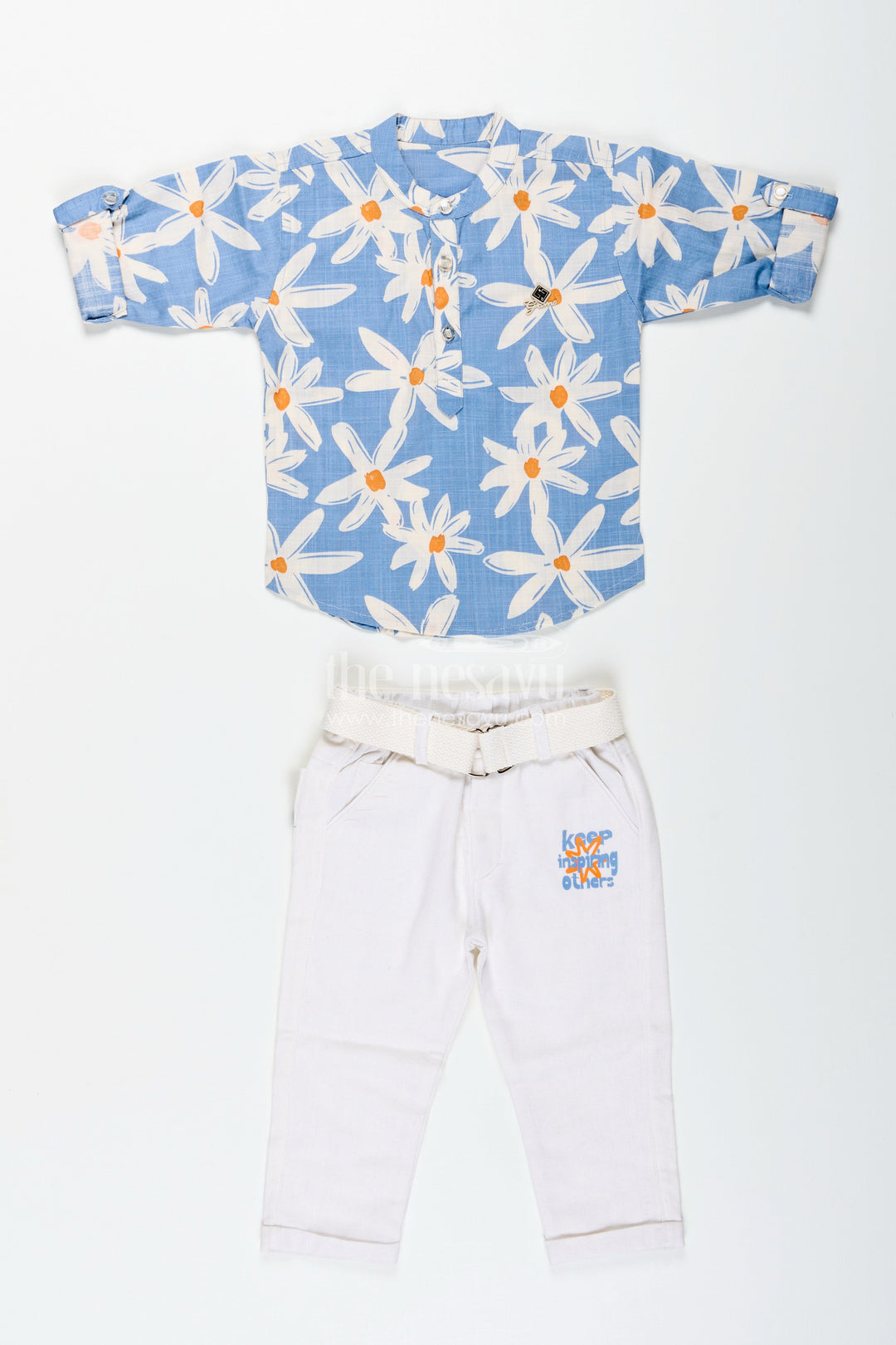The Nesavu Boys Casual Set Boys Floral Printed Shirt and Pants Cotton Set for Vacations and Outings Nesavu Nesavu boys floral printed cotton set belt pants  ideal travel casual outings