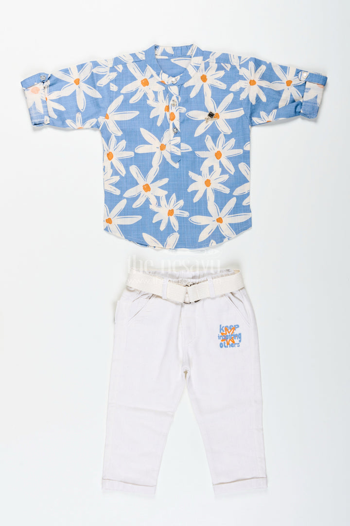 The Nesavu Boys Casual Set Boys Floral Printed Shirt and Pants Cotton Set for Vacations and Outings Nesavu Nesavu boys floral printed cotton set belt pants  ideal travel casual outings