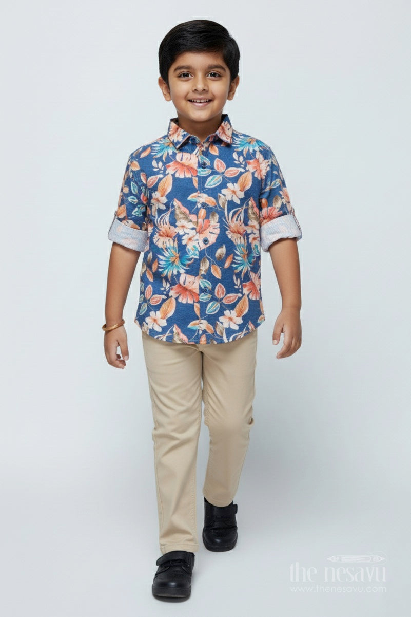 The Nesavu Boys Casual Set Boys Floral Printed Shirt Set for Birthdays and Festive Fun Nesavu 16 (1Y) / Blue BCS466A-16 Nesavu boys floral print cotton shirt set belt birthdays festivals stylish outings