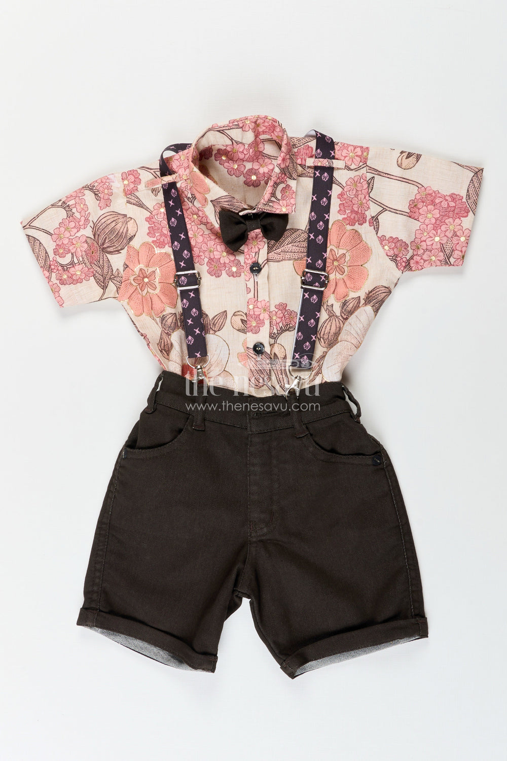 The Nesavu Boys Casual Set Boys Floral Suspender Outfit for Casual Parties and Outings Nesavu 14 (6M) / Cream BCS413A-14 Nesavu boys floral casual outfit suspenders bow tie outings parties