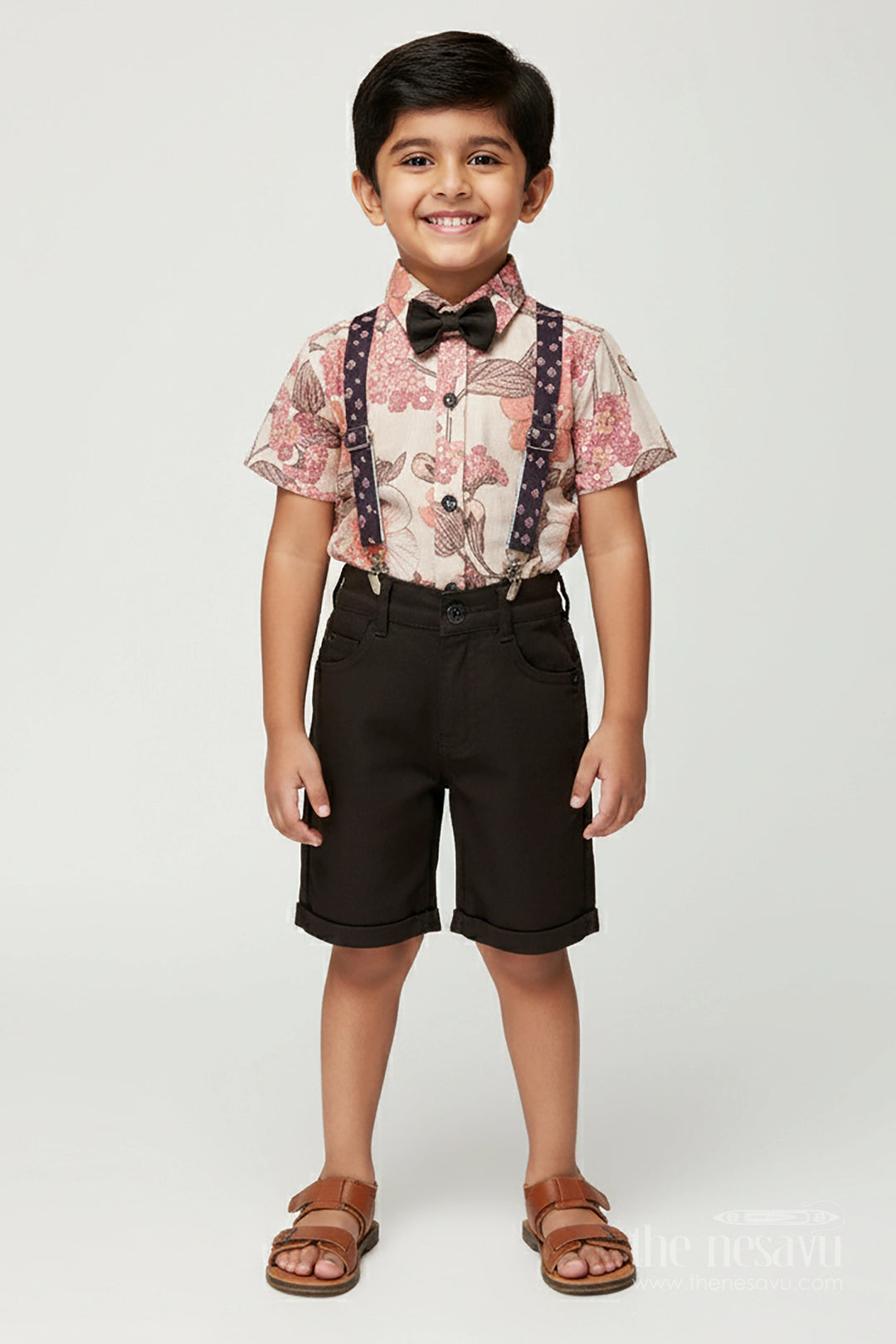 The Nesavu Boys Casual Set Boys Floral Suspender Outfit for Casual Parties and Outings Nesavu 14 (6M) / Cream BCS413A-14 Nesavu boys floral casual outfit suspenders bow tie outings parties