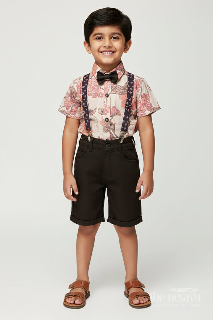 The Nesavu Boys Casual Set Boys Floral Suspender Outfit for Casual Parties and Outings Nesavu 14 (6M) / Cream BCS413A-14 Nesavu boys floral casual outfit suspenders bow tie outings parties