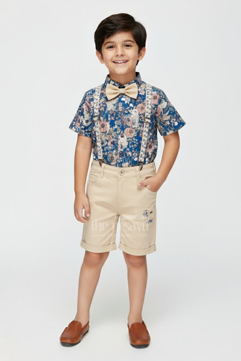 The Nesavu Boys Casual Set Boys Floral Suspender Set with Bow Tie for Birthday Or Photoshoot Nesavu 14 (6M) / Blue BCS411A-14 Nesavu boys suspender outfit set floral shirt bow tie birthdays photoshoots