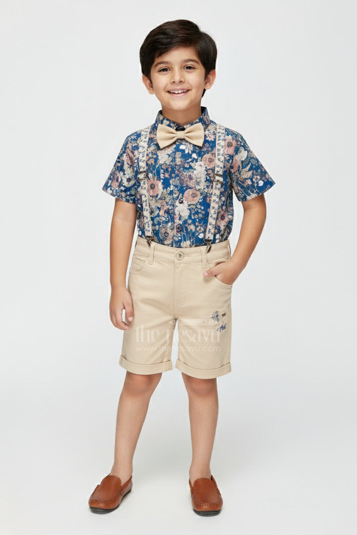 The Nesavu Boys Casual Set Boys Floral Suspender Set with Bow Tie for Birthday Or Photoshoot Nesavu 14 (6M) / Blue BCS411A-14 Nesavu boys suspender outfit set floral shirt bow tie birthdays photoshoots