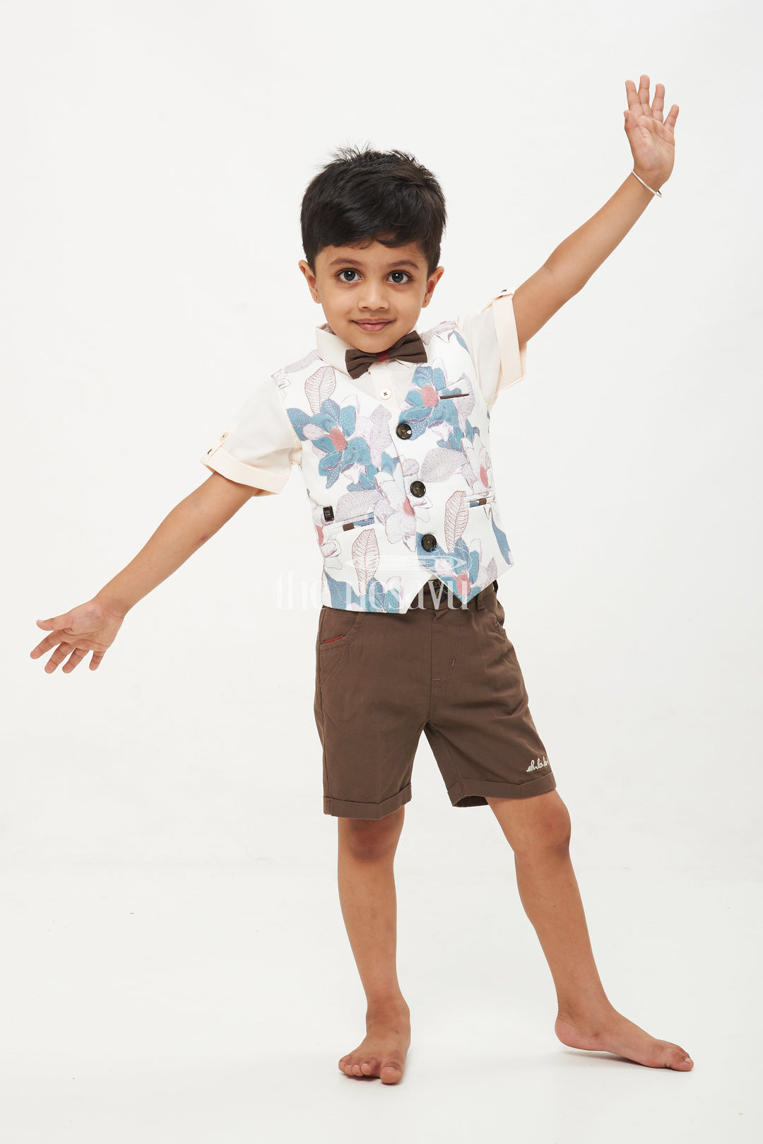 The Nesavu Boys Casual Set Boys' Floral Waistcoat, Shirt, and Shorts Set - Green and Brown Nesavu 16 (1Y) / Green BCS071B-16