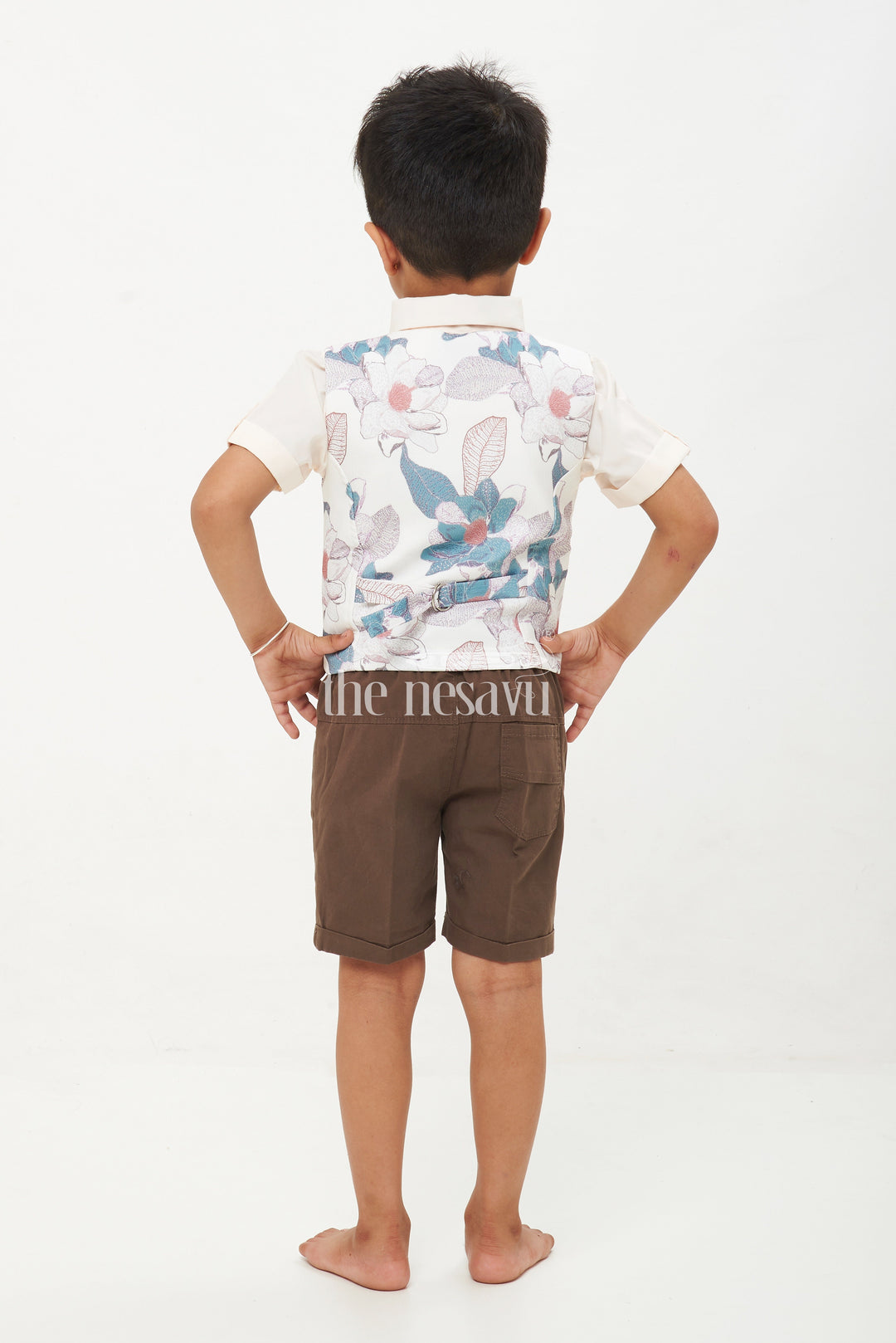 The Nesavu Boys Casual Set Boys' Floral Waistcoat, Shirt, and Shorts Set - Green and Brown Nesavu