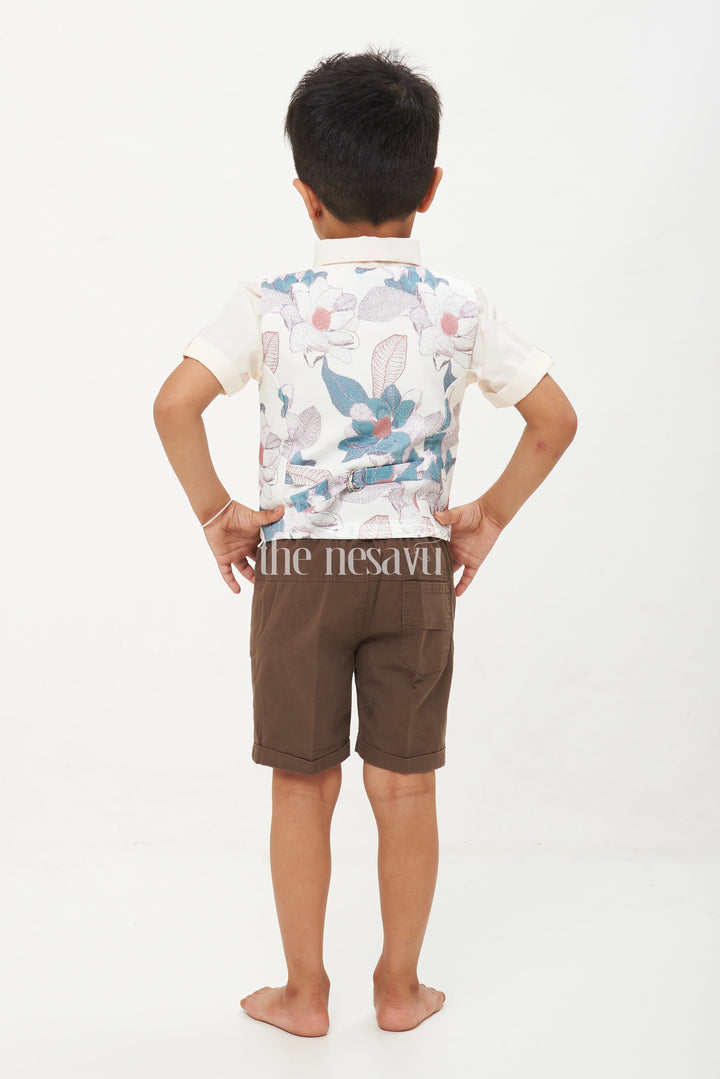 The Nesavu Boys Casual Set Boys' Floral Waistcoat, Shirt, and Shorts Set - Green and Brown Nesavu