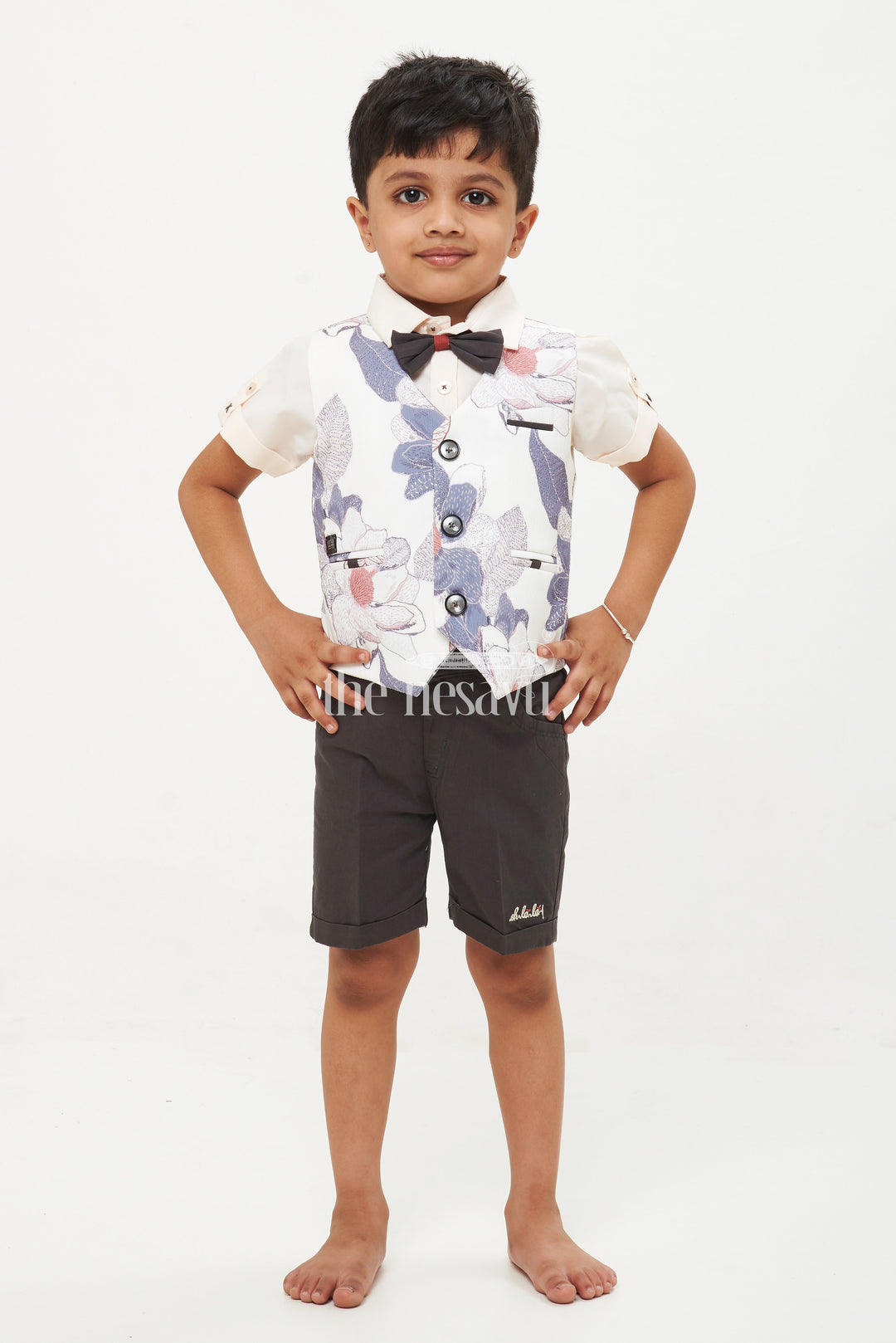 The Nesavu Boys Casual Set Boys' Floral Waistcoat, Shirt, and Shorts Set - Grey and Black Nesavu 16 (1Y) / Gray BCS071A-16