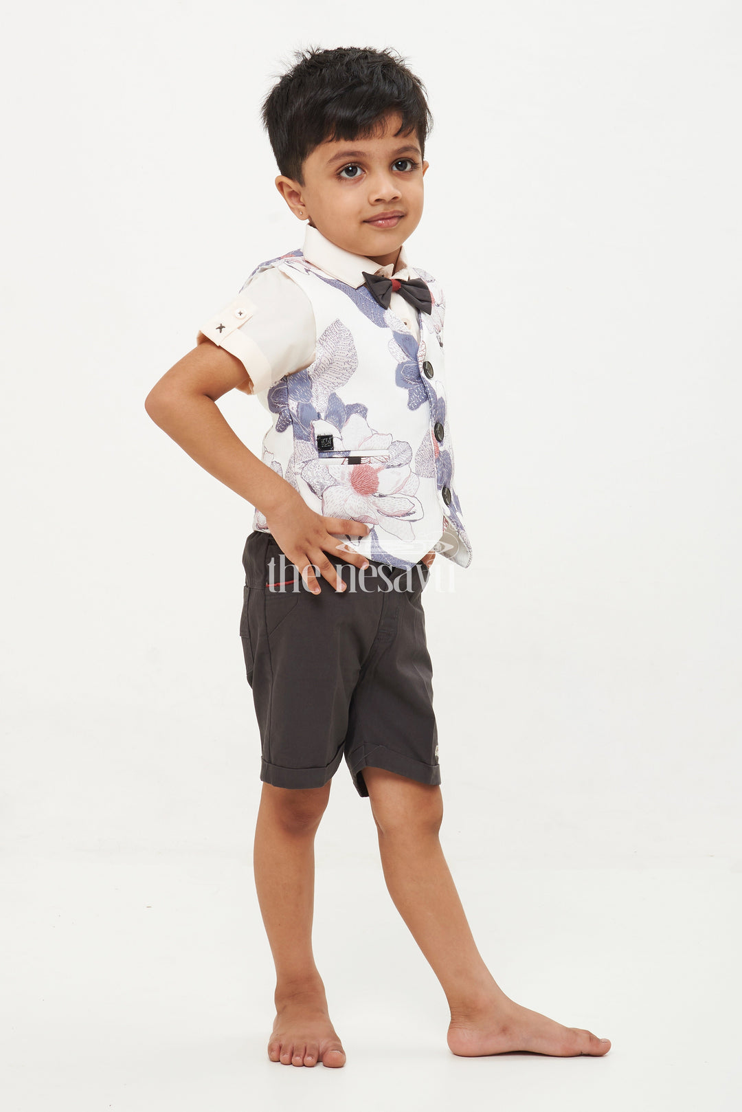 The Nesavu Boys Casual Set Boys' Floral Waistcoat, Shirt, and Shorts Set - Grey and Black Nesavu