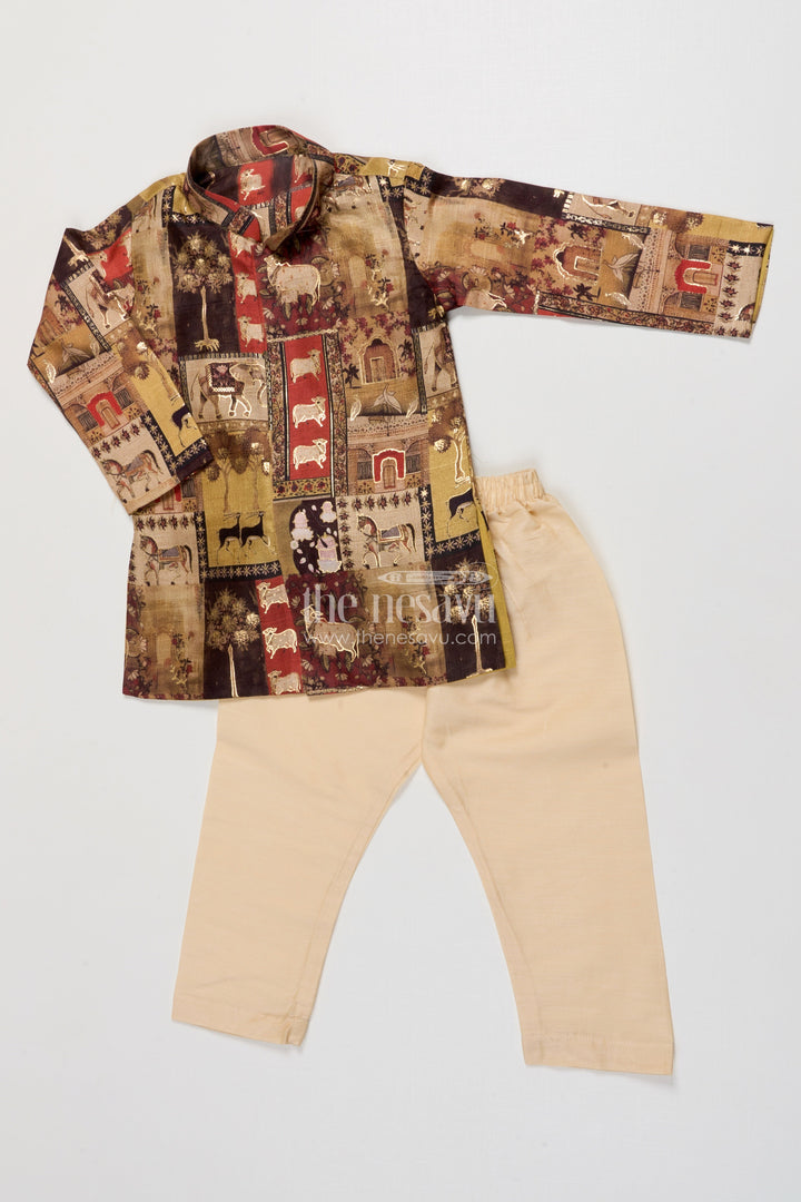 The Nesavu Boys Kurtha Set Boys Foil Print Kurta Set for Ethnic Functions and Birthdays Nesavu 16 (1Y) / Yellow BES853A-16 Nesavu boys foil print kurta set blended silk birthday parties traditional functions