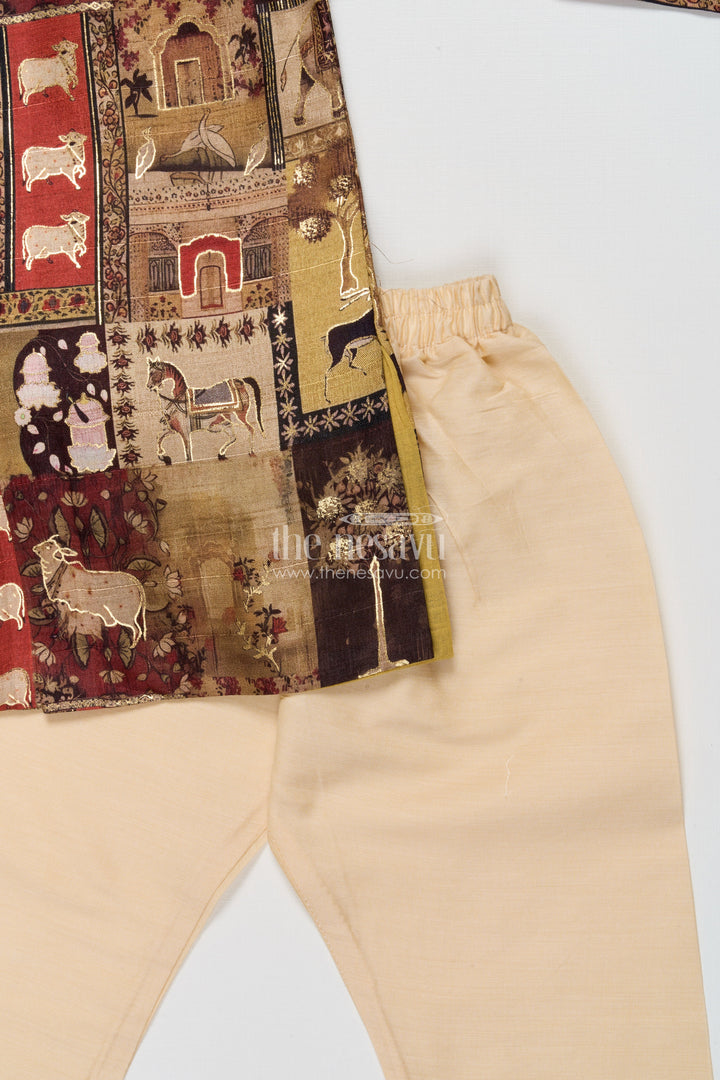 The Nesavu Boys Kurtha Set Boys Foil Print Kurta Set for Ethnic Functions and Birthdays Nesavu Nesavu boys foil print kurta set blended silk birthday parties traditional functions