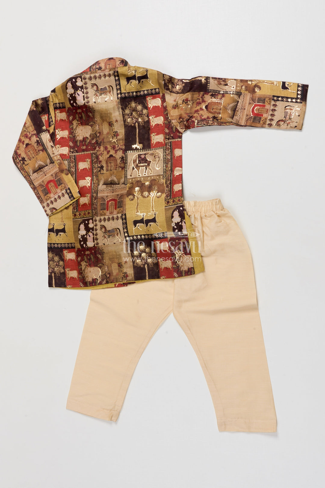 The Nesavu Boys Kurtha Set Boys Foil Print Kurta Set for Ethnic Functions and Birthdays Nesavu Nesavu boys foil print kurta set blended silk birthday parties traditional functions