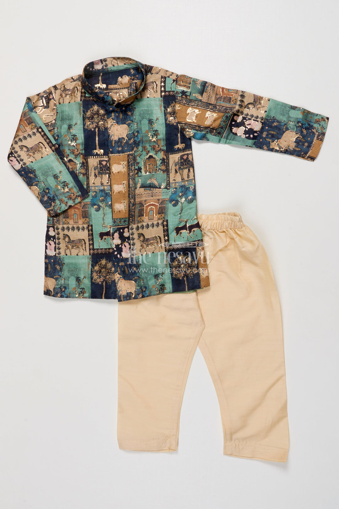 The Nesavu Boys Kurtha Set Boys Foil Print Kurta Set for Weddings and Festive Family Occasions Nesavu 16 (1Y) / Green BES853B-16 Nesavu boys foil print silk kurta set weddings ethnic family celebrations