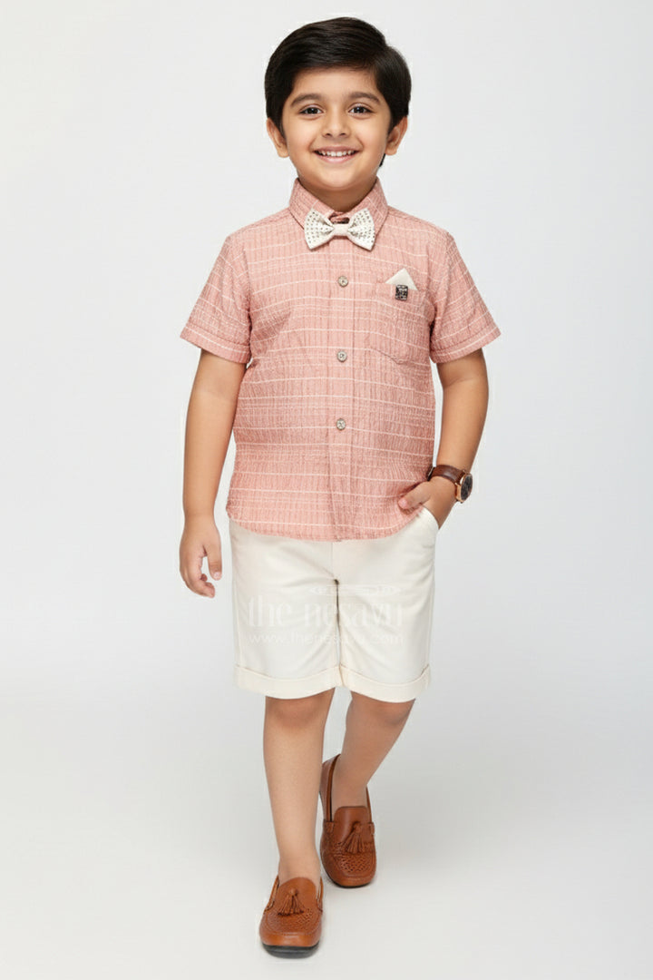 The Nesavu Boys Casual Set Boys Formal Casual Outfit with Bow Tie for Birthday Brunch Nesavu 14 (6M) / Peach BCS415A-14 Nesavu boys crushed georgette shirt shorts set bow tie brunches birthdays