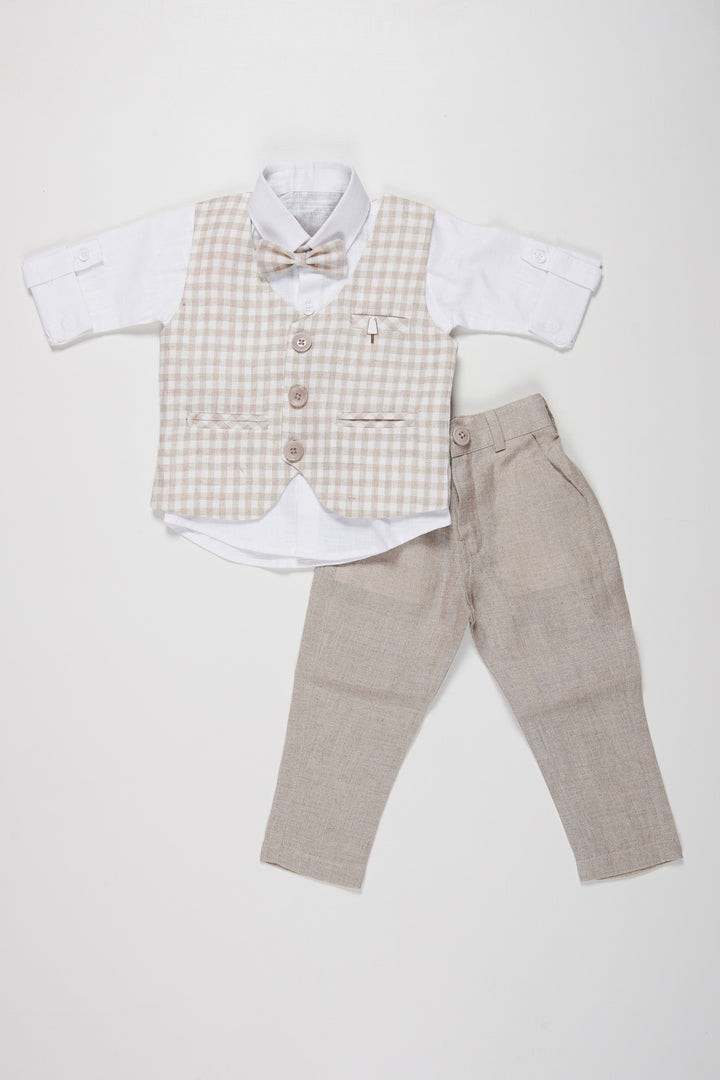 The Nesavu Boys Casual Set Boys Formal Checkered Jacket Set | Elegant Shirt, Grey Pants, and Bow Tie Combo for Boys Nesavu 12 (3M) / Beige / Cotton Linen BCS029A-12 Kids Formal Wear Set | Boys Checkered Jacket and Grey Pants Outfit with Shirt | The Nesavu