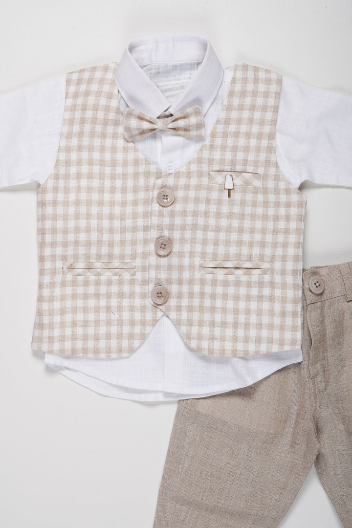 The Nesavu Boys Casual Set Boys Formal Checkered Jacket Set | Elegant Shirt, Grey Pants, and Bow Tie Combo for Boys Nesavu Kids Formal Wear Set | Boys Checkered Jacket and Grey Pants Outfit with Shirt | The Nesavu