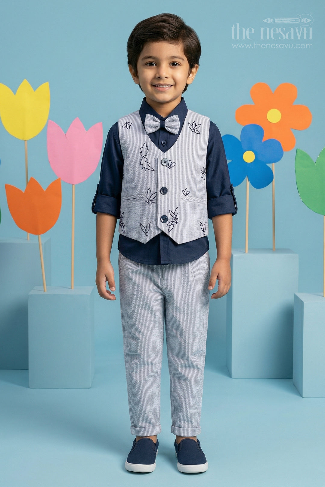 The Nesavu Boys Jacket Sets Boys Formal Jacket Set for Birthdays and Festive Occasions Nesavu 16 (1Y) / Blue / Cotton BCS569A-16 Nesavu boys cotton embroidered jacket set for birthdays festive occasions and family celebrations